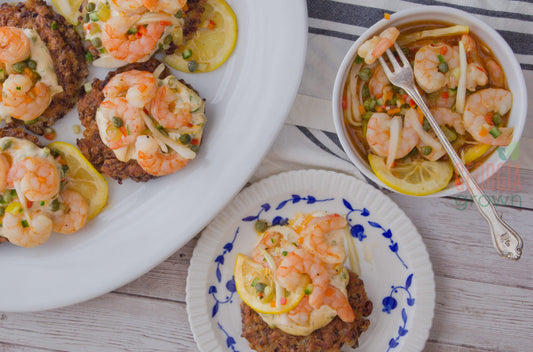 Sapelo Red Pea Patties with Sea Island Marinated Shrimp and Coastal Georgia Remoulade