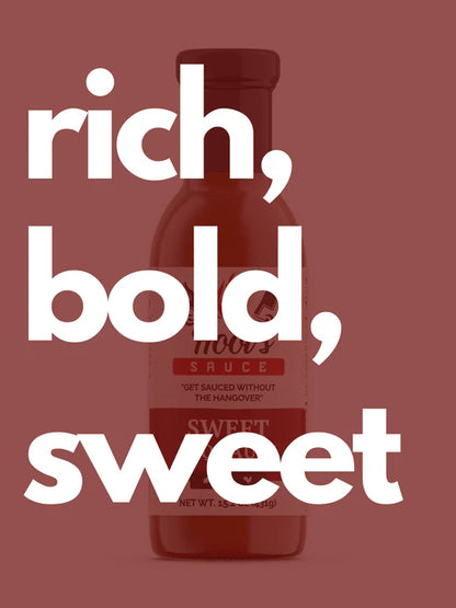 Hoot's Sauce Sweet BBQ Sauce bottle with maroon overlay and white text 'rich, bold, sweet'